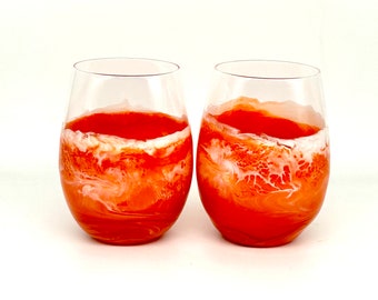 Orange Waves Resin Art Stemless Wine Glass Set of Two Customize 20 Ounce