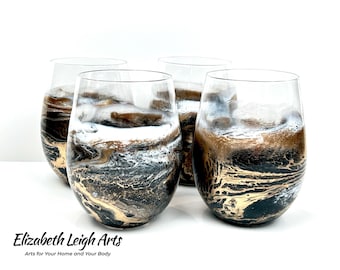 Resin Art Stemless Wine Glass Set Black, White & Gold Waves 18 Ounce