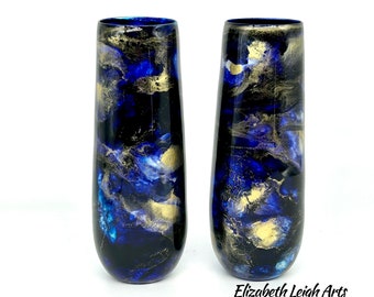 Midnight Blue and Gold Resin Art Stemless  Champagne Glass Set of Two Customize 9.5 Ounce