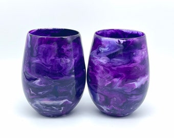 Purple Resin Art Stemless Wine Glass Set of Two Customize 20 Ounce