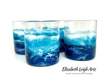 RESERVED Listing ELIZABETH Oceans Waves Teal Gold Resin Art Whiskey Glasses Set of Two 11.5 oz