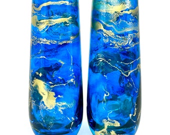Blue and Gold Resin Art Stemless  Champagne Glass Set of Two Customize 9.5 Ounce