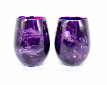 Purple and Silver Resin Art Stemless Wine Glass Set of Two Customize 20 Ounce