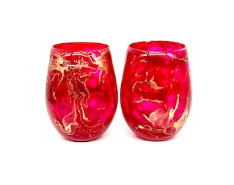 Bright Pink, Gold Resin Art Stemless Wine Glass Set of Two Customize