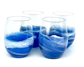 Beach Themed Stemless Wine Glasses, Cocktail Glasses, Beach Decor, Custom Wine Glasses, Luxury Wedding Gift, Blue Glasses