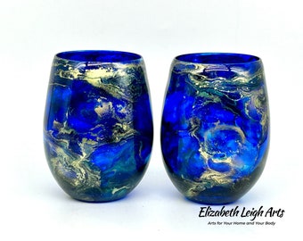 Sapphire Blue and Gold Jewel toned Resin Art Stemless Wine Glass Set of Two IN STOCK 20 Ounce