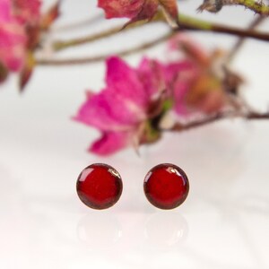 Könnte beinhalten: Ein Paar rote runde Ohrstecker. Die Ohrringe sind klein und haben eine glänzende Oberfläche.