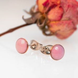 Könnte beinhalten: Ein Paar rosa Ohrstecker mit silbernen Stiften. Die Ohrringe sind klein und rund und haben eine glatte, glänzende Oberfläche.