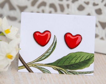 Stud earrings hearts in light red made of enamel, plain earrings in the shape of a heart, shiny stud earrings, heart stud earrings for girls, stud earrings for women