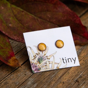 May include: A pair of small, round, yellow enamel earrings with a brown rim. The earrings are displayed on a white card with a floral design and the word "tiny" printed on the card.