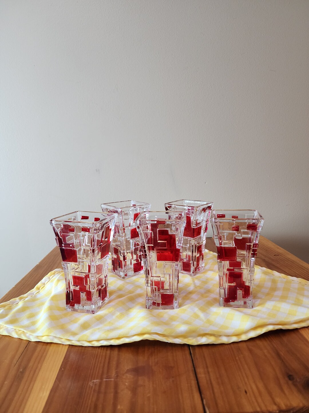 Set of 5 Vintage Art Deco Drinking Glasses With Red Accents Etsy