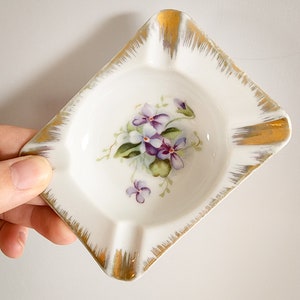 Vintage Hand Painted Stafford Purple Violet Ashtray, Pretty Purple Flower Design w Gold Trim Made in Japan