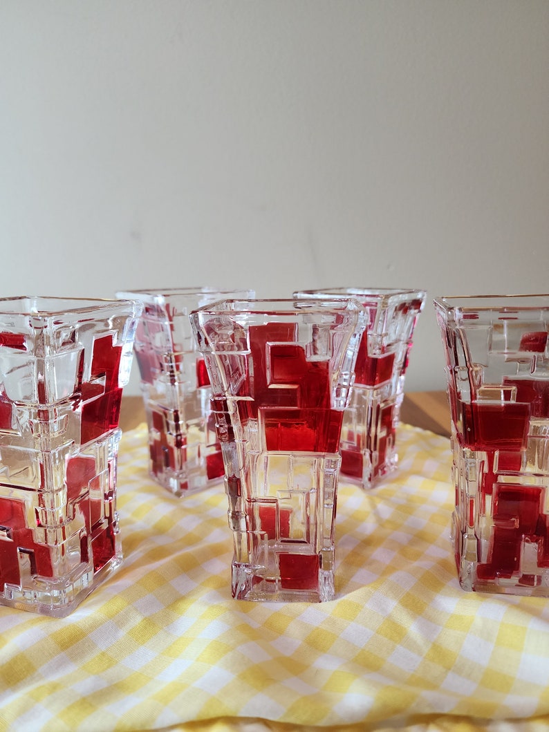 Set of 5 Vintage Art Deco Drinking Glasses With Red Accents Etsy