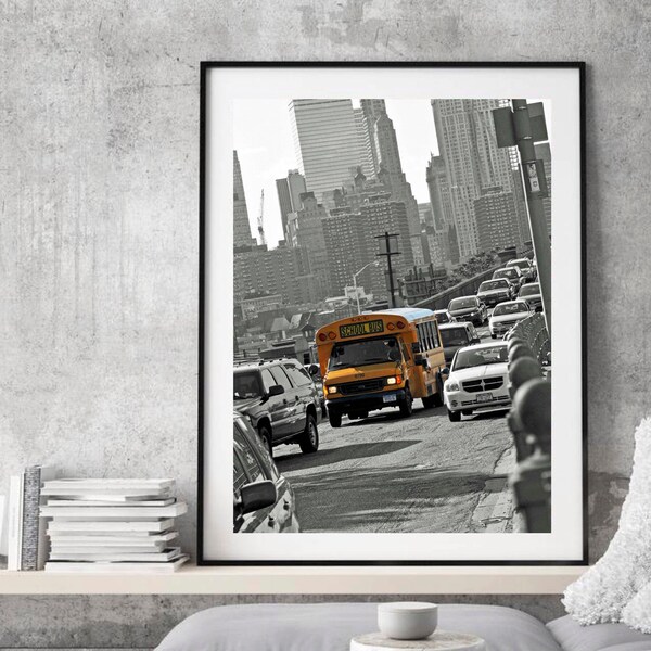 American school bus, Printable wall art, Yellow school bus prints, New York digital, NYC school bus, colour pop decor, Urban photography