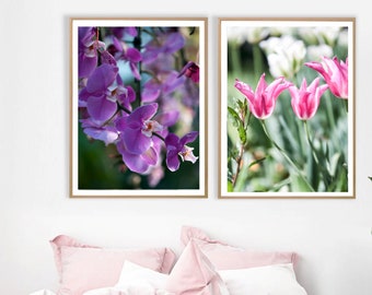 Tulip and orchid flower photography printable, Pink and purple flower set of two, Floral printable wall art, Shabby chic, Digital download