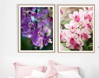 Printable Pink and Purple Orchid wall decor, Floral set of two, Flower photography wall decor, Bedroom wall decor, Floral digital download