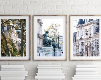 Set of three digital downloads of Paris, Parisian printable wall art, French architecture photography, Europe city sculptures, Travel photos