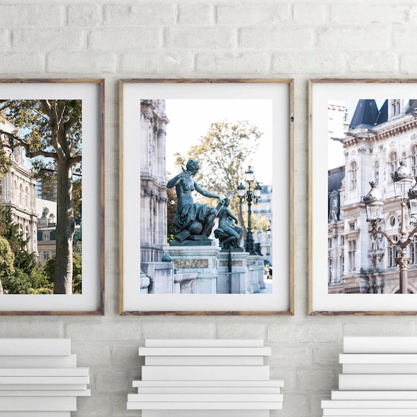 Set of three digital downloads of Paris, Parisian printable wall art, French architecture photography, Europe city sculptures, Travel photos