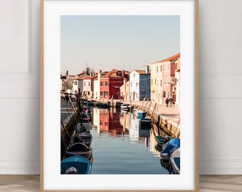 Burano Italië Art Print Instant Download, kleurrijke kanaalfoto, reisfotografie Venetië, Italiaanse muurkunst