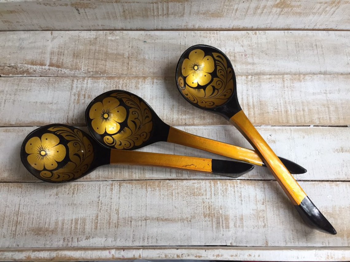 Set of 3 vintage wooden decorative spoons handpainted Etsy