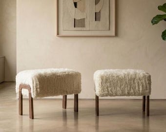 Luxury 100% Natural Wool Ottoman with Solid Walnut Legs – Large Handmade Sheepskin Stool – Minimalist Nordic Footrest (24" Wide)