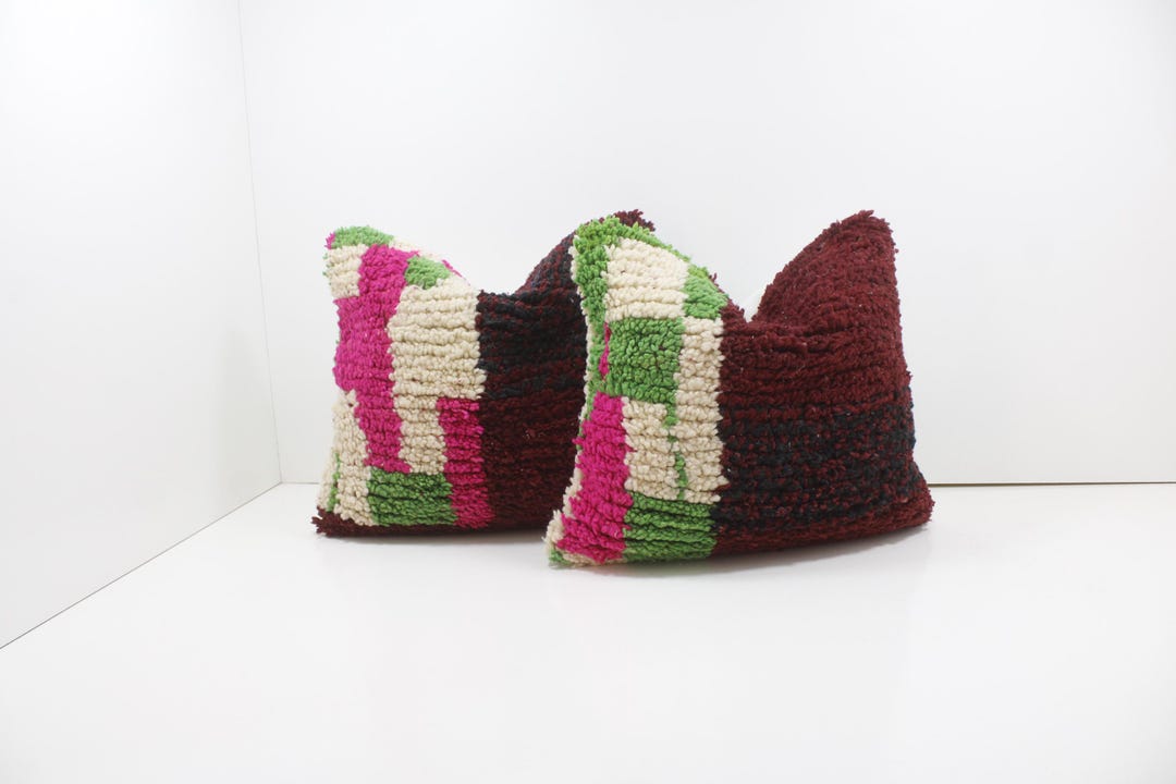 Set of 2 Vintage Moroccan Berber Pillows Handmade Wool Kilim Cushions ...