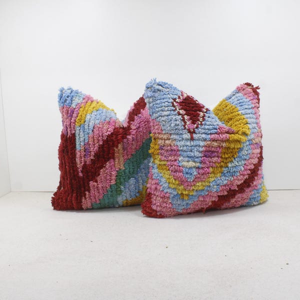 Juego de 2 cojines bereberes marroquíes vintage, hechos a mano con lana Kilim, decoración abstracta tribal bohemia, relleno opcional, envío gratuito a EE. UU. 2P1321