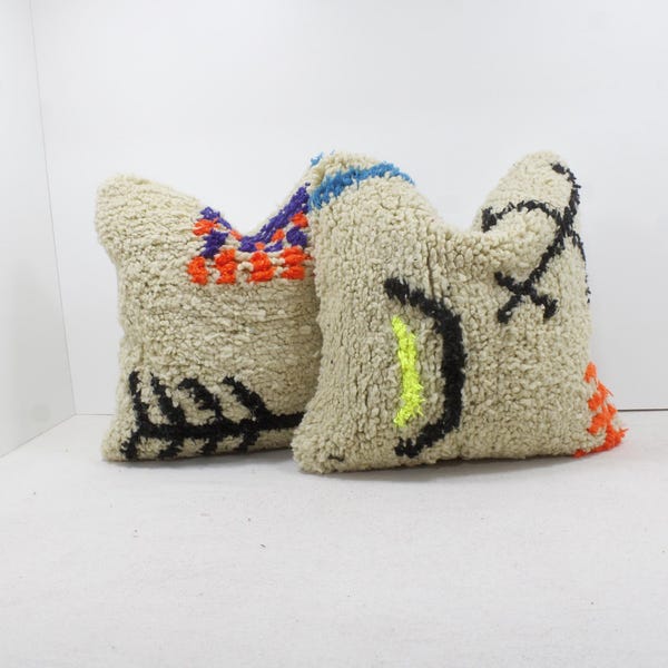 Juego de 2 cojines bereberes marroquíes vintage, hechos a mano con lana Kilim, decoración abstracta tribal bohemia, relleno opcional, envío gratuito a EE. UU. 2P1385