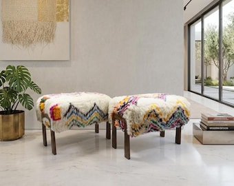 Luxury 100% Wool Tribal Ottoman - Handmade Moroccan Stool - Solid Walnut Legs - Boho Footrest - Set of 2 Available - Pure Natural Wool