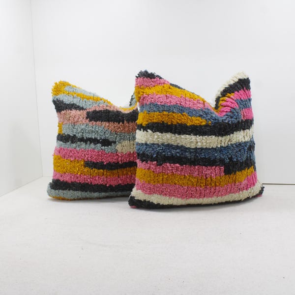 Juego de 2 cojines bereberes marroquíes vintage, hechos a mano con lana Kilim, decoración abstracta tribal bohemia, relleno opcional, envío gratuito a EE. UU. 2P1402