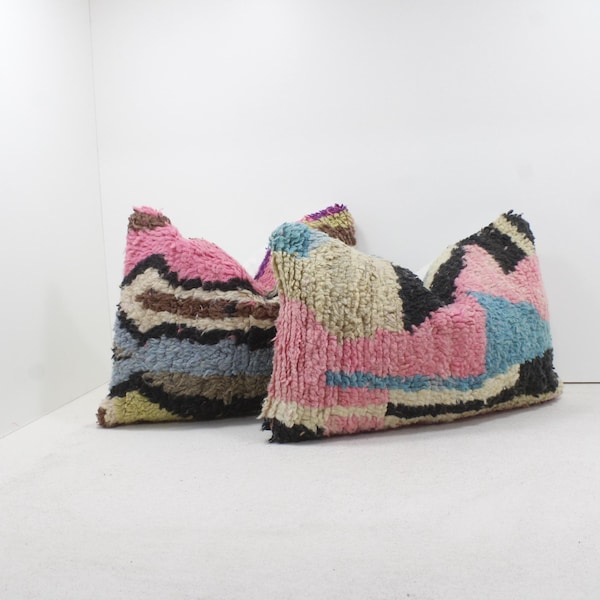 Juego de 2 cojines bereberes marroquíes vintage, hechos a mano con lana Kilim, decoración abstracta tribal bohemia, relleno opcional, envío gratuito a EE. UU. 2P1441