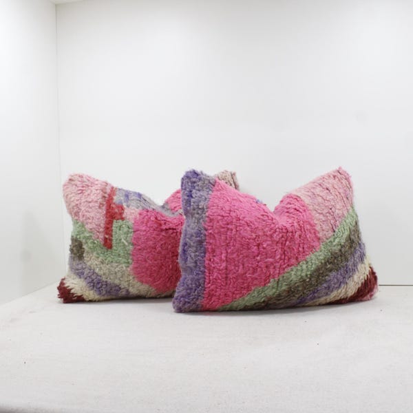 Juego de 2 cojines bereberes marroquíes vintage, hechos a mano con lana Kilim, decoración abstracta tribal bohemia, relleno opcional, envío gratuito a EE. UU. 2P1458