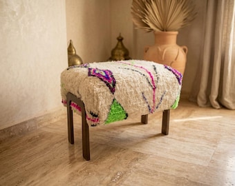 Luksusowy puf plemienny w neonowym stylu 100% z wełny – ręcznie robiony marokański stołek – nogi z litego orzecha włoskiego – podnóżek w stylu boho – zestaw 2 sztuk – czysta naturalna wełna