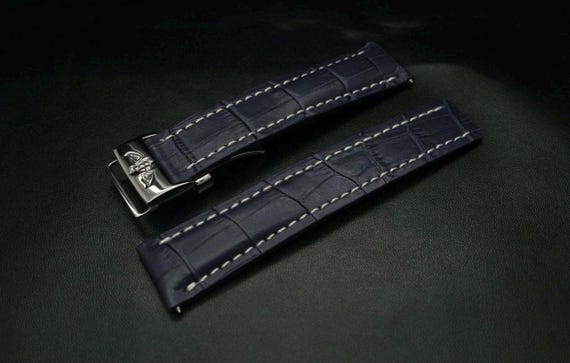 20mm 22mm 24mm dark blue breitling bracelet, band replacement leather strap straight ends with clasp buckle for breitling watches