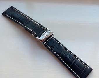 Correa de reloj de cuero negro de 20 mm, 22 mm y 24 mm: correa de repuesto Breitling con hebilla de acero inoxidable