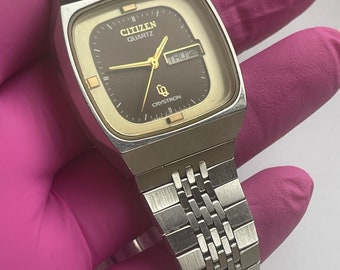 Citizen Crystron Dag Datum Vintage Gebruikt Quartz Herenhorloge Authentiek Werkend W31
