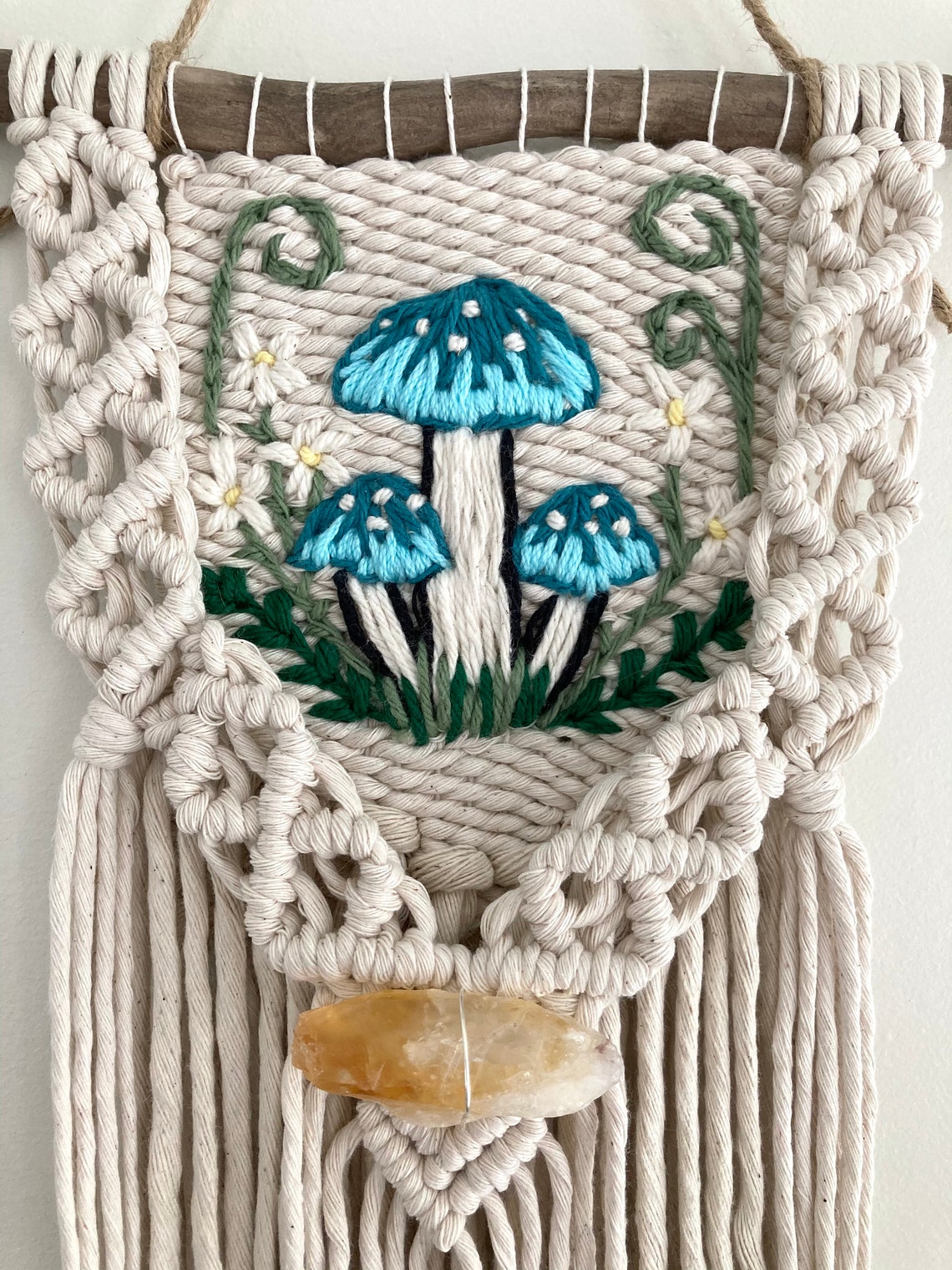 Blue Mushroom Embroidered Woven Macrame Wall Hanging Fiber Etsy