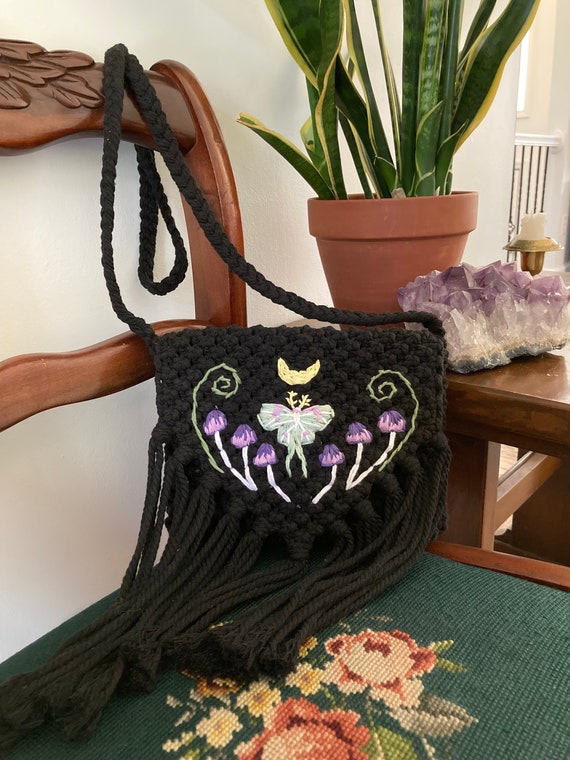 Luna Moth Embroidered Bag Macrame Crossbody Handmade Purse Cottagecore  Forestcore Wearable Art