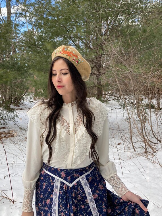 1970s Gunne Sax Maxi Skirt Dark Blue Calico Vintage P… - Gem