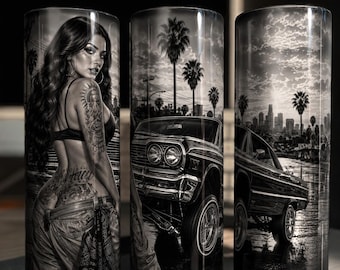 Vaso Lowrider Skinny de 20 oz, taza con diseño de arte automovilístico chicano, taza de viaje de acero inoxidable, regalo ideal para entusiastas de los Lowrider en exposiciones de autos.