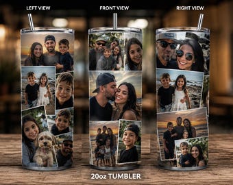 Puede incluir: Un vaso cilíndrico de 20oz con un collage de fotos que muestra a una familia y un perro. El diseño incluye una pajita de metal y el texto 20oz TUMBLER en la parte inferior. El collage presenta varias escenas al aire libre y retratos.