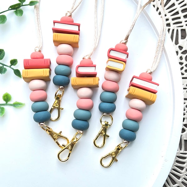 Library Books- Fall Colors: mustard yellow, dusty blue, pink, & coral Clay Beaded Teacher Lanyard