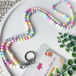 Colorful Pastel & Light Wood Beaded Teacher Lanyard gift