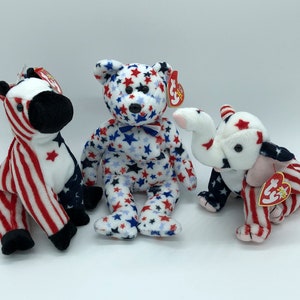 Rare Set of 3 Ty Beanie Babies, Red White and Blue, Righty, and Lefty