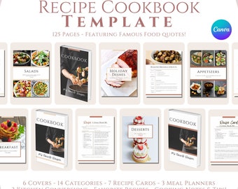 May include: A digital cookbook template with 125 pages featuring famous food quotes. The template includes 6 covers, 14 categories, 7 recipe cards, 3 meal planners, 3 kitchen conversions, favourite recipes, cooking notes and tips. The template is designed to help users create their own personalised cookbooks.