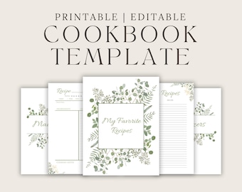 May include: Printable cookbook template with a green leafy floral design. The template includes pages for recipes, ingredients, and cooking notes. The text "My Favorite Recipes" is featured on the cover.