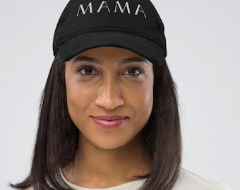 May include: A black baseball cap with a white embroidered word "MAMA" on the front.