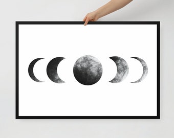 May include: Black and white watercolor illustration of the phases of the moon. The moon is depicted in various stages of its cycle, from a crescent to a full moon.