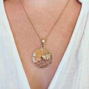 Bee Honeycomb Pendant Necklace, Gold 20 inches