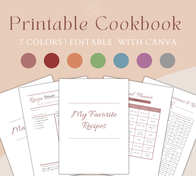 Cookbook Color Digital Cookbook Template | Recipe Book, Print or E-book, Edit With ...